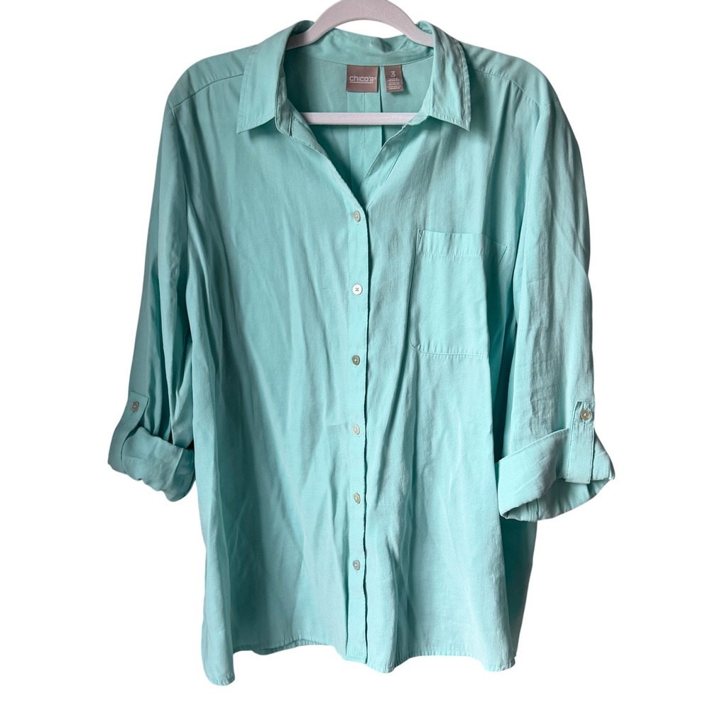 Chico's Mint Green Button Down‎ Shirt Roll Tab Sleeve Modal Blend Size 3 XL
